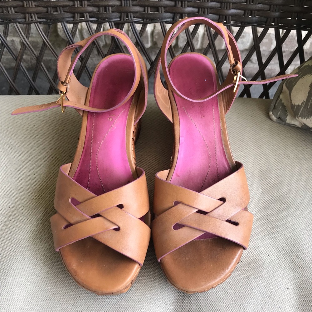 Kate spade leather bamboo woven wedge sandals 6